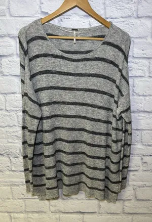 Free People Striped Knit Pullover Sweater Sz XS Gray Loose Boho Oversized thumbnail 1