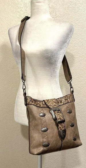Justin Leather Buckle Taupe Western Crossbody Bag thumbnail 1