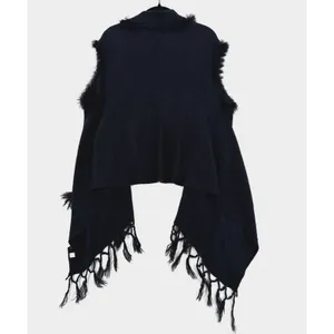Black Faux Fur Trim Poncho Vest Women Fringe Shawl Cape Boho Gothic One Size thumbnail 2