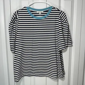 Free Assembly Top Womens XL Navy White Striped Puff Sleeve Ringer Tee Cotton thumbnail 2