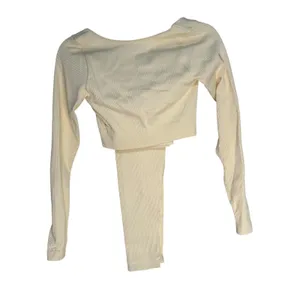 Ribbed‎ Long Sleeve Crop Top Thumbhole Leggings Set Workout Athleisure Cream M thumbnail 6