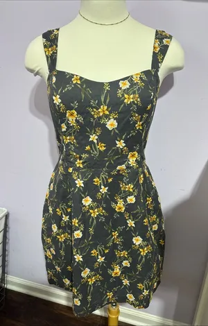 Abercrombie & Fitch Charcoal Floral Mini Dress with Mustard Blooms thumbnail 1