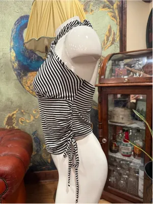 See You Monday Black White Striped Halter Top Ruched Side Tie Y2K NWT Large thumbnail 5