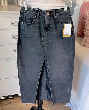Divided Denim Skirt High Waisted Mom Skirt Vintage Black Midi High Slit Womens 2 thumbnail 4