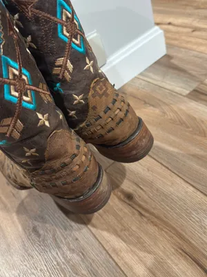 Vintage Handmade In Mexico Western Aztec Square Toe Leather Cowboy Boots | Sz 8 thumbnail 3