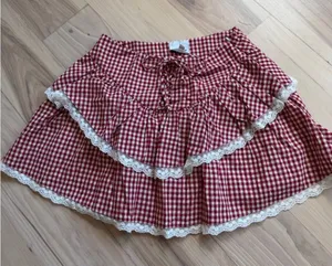 Sky to Moon Red Gingham Lace-Trim Tiered Skirt - Women thumbnail 1