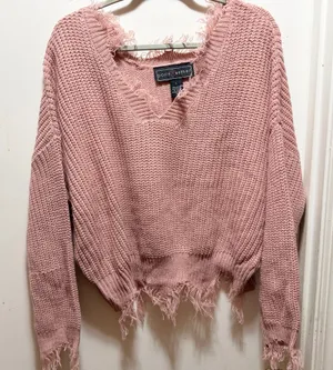 Polly & Esther Pink V-Neck Frayed Sweater size large colored pink thumbnail 1