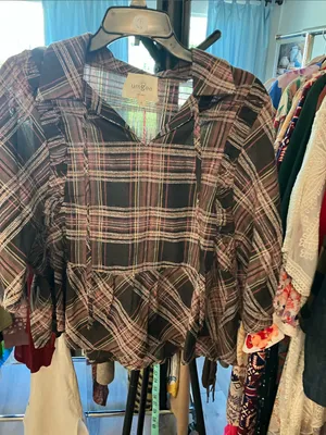 Umgee Brown and Pink Plaid Peplum Tunic thumbnail 2
