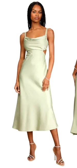 Lulus Stun to Remember Sage Green Satin Cowl Neck Cutout Midi Dress size S NWT thumbnail 1