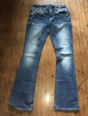 Miss Me 27 shimmery blingy patch western boot cut distressed jeans thumbnail 1