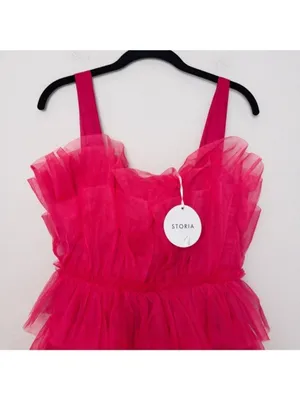 NWT Storia Tulle Tiered Mini Dress M Pink Babydoll Ruffle Satin Strap thumbnail 5