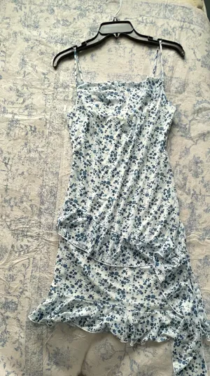 & Other Stories Blue and white floral midi dress with ruffle hem and adjustable straps thumbnail 1