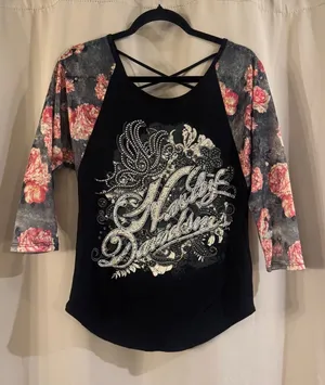 Harley-Davidson Black Raglan Top with Pink Floral Sleeves thumbnail 1