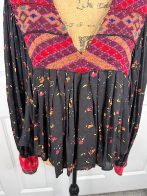 Free People Size L Black Floral Boho Embroidered Babydoll Top thumbnail 4