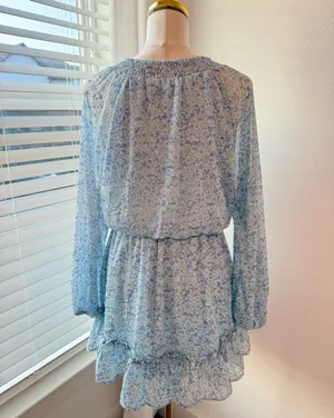 GB Blue Floral Long Sleeve Mini Dress Ruffle Hem Tie Neck thumbnail 2
