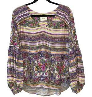 Maeve Anthropologie Boho Blouse Medium Floral‎ Stripe Peasant Top Balloon Sleeve thumbnail 1