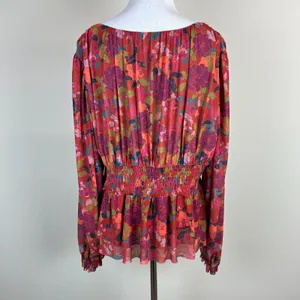 DR2 Babydoll Blouse Womens XL Smocked‎ Waist Peplum Stretch Floral Peasant Boho thumbnail 7