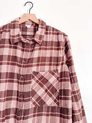 Aerie Brown Plaid Flannel Shirt SP 100% Cotton Button Down Oversized thumbnail 2