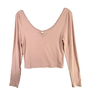 Pretty Garbage Long Sleeve Baby Tee Size L Pink Rib Knit Scoop Dainty Lace‎ Top thumbnail 4