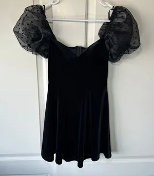 B. Darlin Velvet Mini Dress Skater Polka Dot Puff Sleeve Party Cocktail‎ Black S thumbnail 1