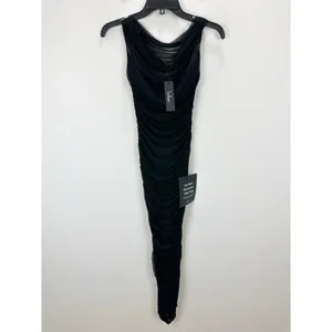 Lulus Sunama Black Mesh Ruched Bodycon Midi Dress Cocktail Party XS NWT thumbnail 6