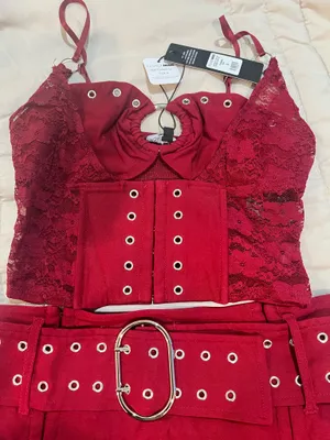 Red Lace-Trim Grommet Mini Dress Set - Women thumbnail 4