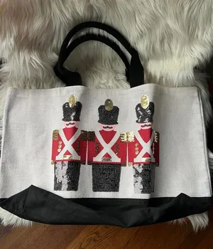 Canvas Tote Bag with Sequin Nutcracker Soldier Design White thumbnail 1