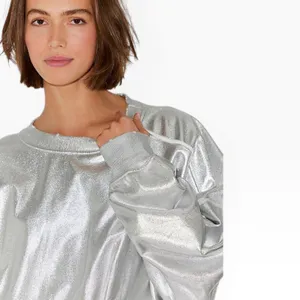 NWT GAIA Free People Metallic Silver Foil Coated Oversized Sweatshirt S Sold Out thumbnail 2