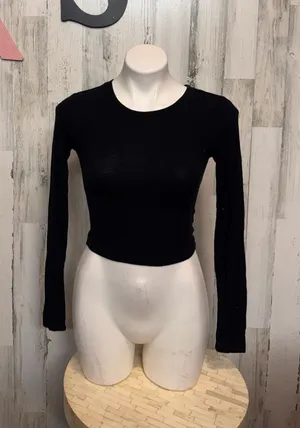Garage Ribbed Crop Top Womens Extra Small Black Long Sleeve Crew Neck Stretch thumbnail 1