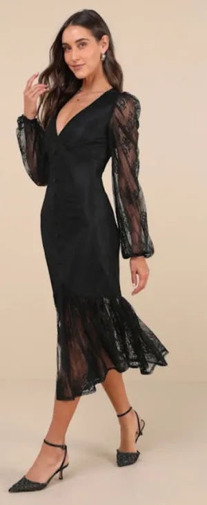 LULU's Flirty Chic Sexy Wedding Formal Event Elegant Sophisticated Lace Midi thumbnail 1