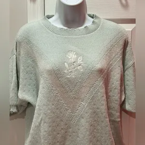 Isle of Cotton Knit Sweater Womens XL Mint Green Floral Embroidered Short Sleeve thumbnail 14