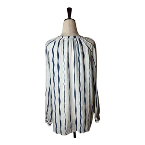 Rails Brielle Shirt Women Small White Blue‎ Wavy Stripe Linen Blend Tie Neck Top thumbnail 3