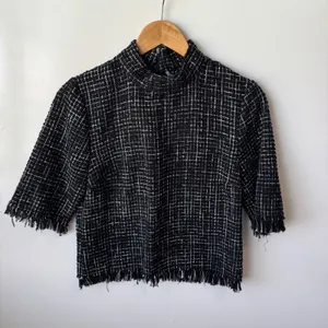 Zara Tweed Top Mock Neck Fringed Hem Cropped Black‎ White Career XS thumbnail 2