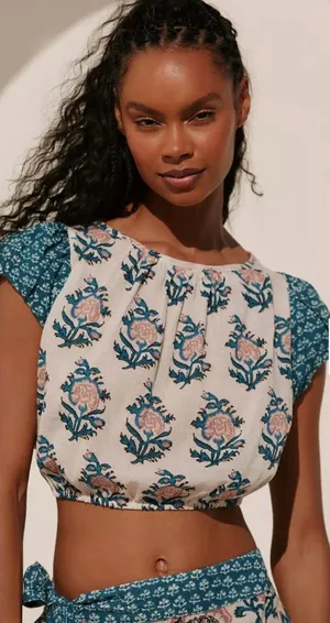 Anthropologie Celandine short-sleeve tie-back crop top sz M floral boho thumbnail 1