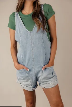 Free People We The Free High Roller Shortall Denim Romper XS‎ boho oversized thumbnail 1