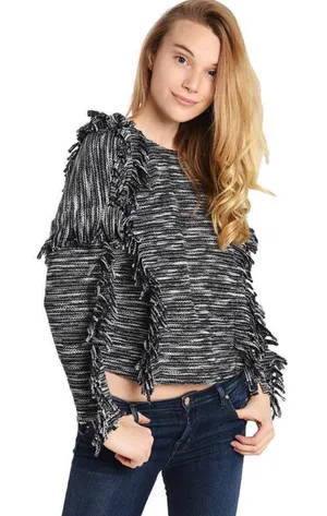 MISA Los Angeles‎ Fringe Sweater Black White Textured Knit Size S thumbnail 1