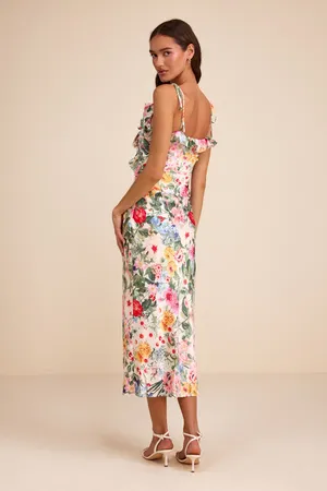 Lulus Clelia Ivory Multi Floral Satin Ruffled Midi Dress thumbnail 2