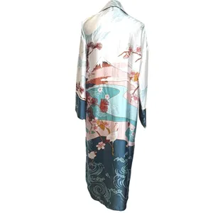 Forever 21 Kimono Duster Robe Satin Multicolor‎ Japanese Scenic Print Long S thumbnail 3
