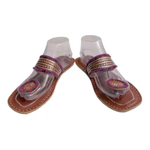 Kolhapuri Chappals Hand Embroidered Leather Flat Sandals Toe Ring 9 Brown thumbnail 7