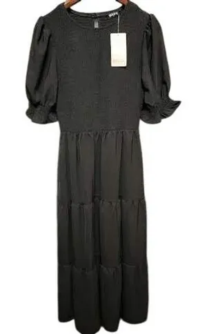 Black Smocked Tiered Maxi Dress Puff Sleeve Womens Dress‎ thumbnail 1