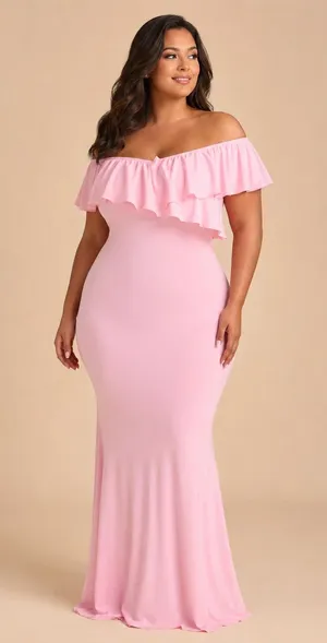 Women’s Pink Off-Shoulder Ruffle Stretch Maternity Mermaid Maxi Gown thumbnail 1