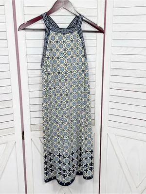 Max Studio‎ Geometric Medallion Print Halter Shift Dress Yellow Blue Medium thumbnail 7