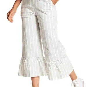 Gray Striped Ruffle Cropped Bell Bottom Linen Pants - XS thumbnail 1