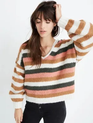 Madewell Balloon-Sleeve Pullover‎ Sweater in Stripe Mix Size Large thumbnail 1