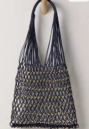 NWT Free People Navy Macramé Tote with Gold Bead Accents thumbnail 1