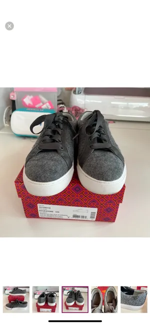 TORY BURCH Marion Quilted Fleece Lace Up Sneakers, Dovestone 8 EUC thumbnail 6