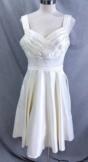 ModCloth Ivory Satin Sweetheart Fit Flare Mini‎ Dress Pockets Bridal Rehearsal L thumbnail 1