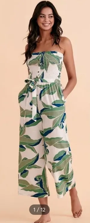 Billabong White Strapless Leaf-Print Jumpsuit with Green and Blue thumbnail 1