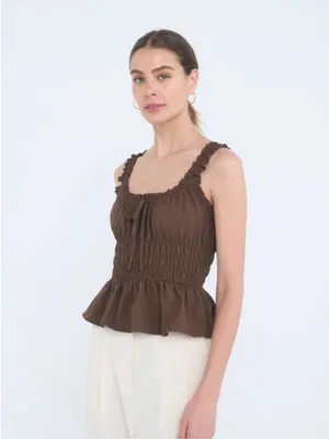 NWT Blu Pepper Brown Ruffle Front Tie Shirred Peplum Tank Top Medium thumbnail 3