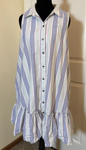 Maeve Anthropologie Womens Medium Striped Sleeveless Ruffle Hem Shirt Dress Blue thumbnail 1